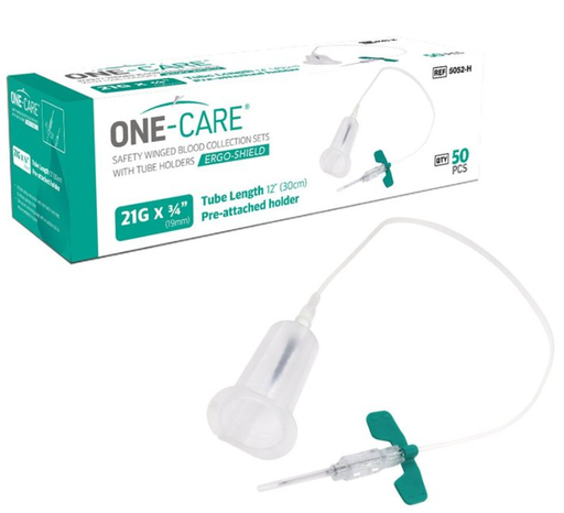 [5052-H] ERGO-SHIELD Safety Blood Collection Winged Sets, 21G x ¾’’, Green, Pre-attached Holder, 12" Tube, 50/bx
