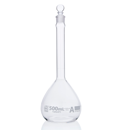 [8200500] Flask, Volumetric , Globe Glass, 500mL, Class A, To Contain, ASTM E288, Non-Sterile, 6/bx