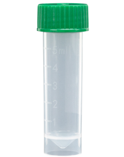 [6101G] Transport Tube, 5mL, with Separate Green Screw Cap, PP, Conical Bottom, Self-Standing, Molded Graduations, 1000/cs