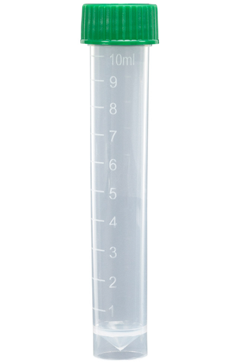 [6102G] Transport Tube, 10mL, with Separate Green Screw Cap, PP, Conical Bottom, Self-Standing, Molded Graduations, 1000/cs