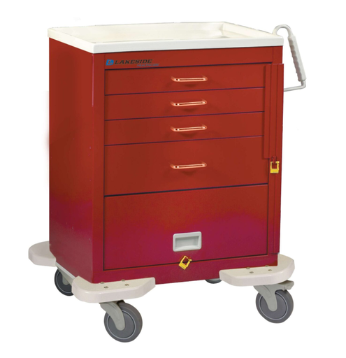 [C-424-PB-1R] Lakeside C-424-PB-1R Classic Emergency Cart, 4-Drawer w/9″ Panel & Breakaway Lock, Steel, Red