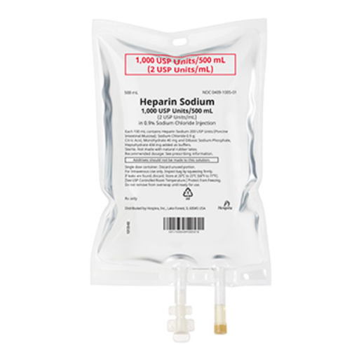 [00409100520] Heparin Sodium in 0.9% Sodium Chloride Injection, 2 units/ml, 500 ml Flexible Container, 2 Port, 20/cs