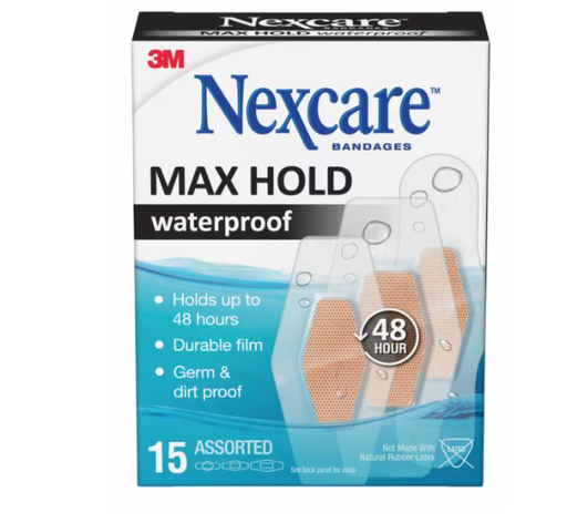 [MHW-15] Nexcare Max Hold Waterproof Bandages, Assorted, 15 ct, 3/pk, 8 pk/cs 