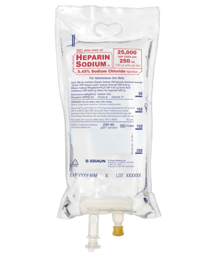 [P3462] 25000 Units Heparin in 0.45% SoDeepium ChloriDeepe Injection, 100 Units/mL, 250mL (Rx) , 24/cs (Continental US+HI Only, ExcluDeeping IN, ND & PR)