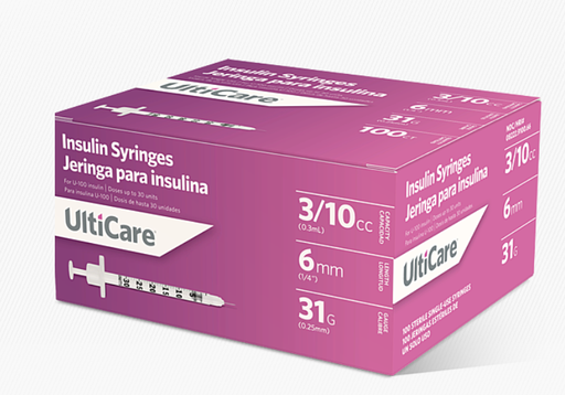[91006] Insulin Syringe, 0.3mL, 31G x 1/4", 100/bx, 5 bx/cs
