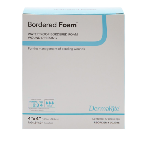 [00298E] Bordered Foam Dressing, Waterproof, 4" x 4", 10/bx 