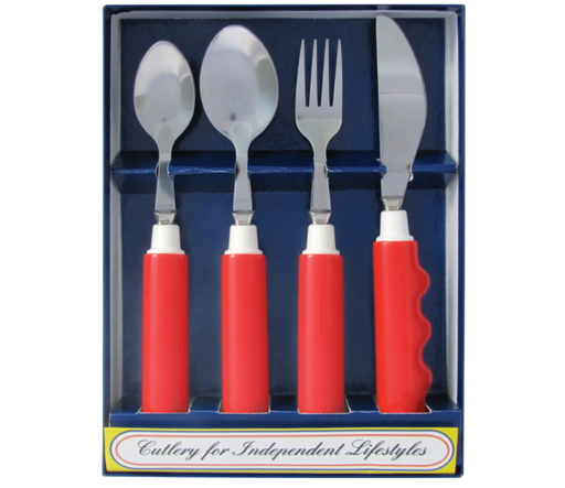 [11840] Comfort Grip Utensils Set of 4 (1) Fork; (1) Knife; (1) Soupspoon; (1) Teaspoon, Red Handle (A handling charge of $9.95 will be added to any order under $25.00) 