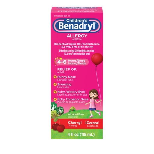 [53421] Benadryl Oral Solution, Children, Cherry Flavored, 4 fl oz, 3/pk, 12 pk/cs 