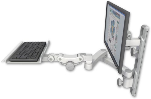 [EV65-T19D-KP12-A2] AccessMount™ ErgoVision 65 LCD mount on a 19" wall track with separate arms, a 12" paralink keyboard tray, and a 20" double-arm