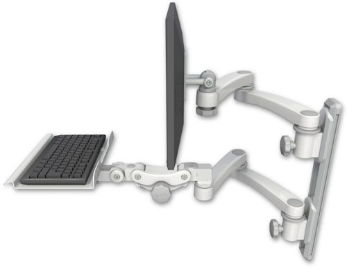 [EV65-T19D-KP12-A4] AccessMount™ ErgoVision 65 LCD mount on a 19" wall track with separate arms, a 12" paralink keyboard tray, and two 20" double-arms