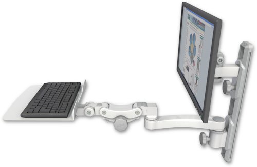 [EV65-T19D-KP12F-A1] AccessMount™ ErgoVision 65 LCD mount on a 19" wall track with separate arms, a 12" flat paralink keyboard tray, and an 11" arm