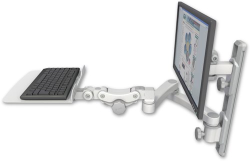 [EV65-T19D-KP12F-A2] AccessMount™ ErgoVision 65 LCD mount on a 19" wall track with separate arms, a 12" flat paralink keyboard tray, and a 20" double-arm