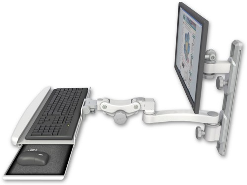 [EV65-T19D-KPB-A1] AccessMount™ ErgoVision 65 LCD mount on a 19" wall track with separate arms, a paralink keyboard tray w/ wrist rest bend, and an 11" arm
