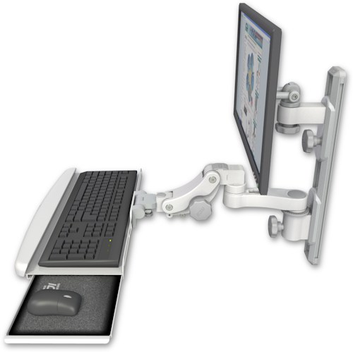 [EV65-T19D-KPB-AS1] AccessMount™ ErgoVision 65 LCD mount on a 19" wall track with separate arms, a paralink keyboard tray w/ wrist rest bend, and an 6" arm