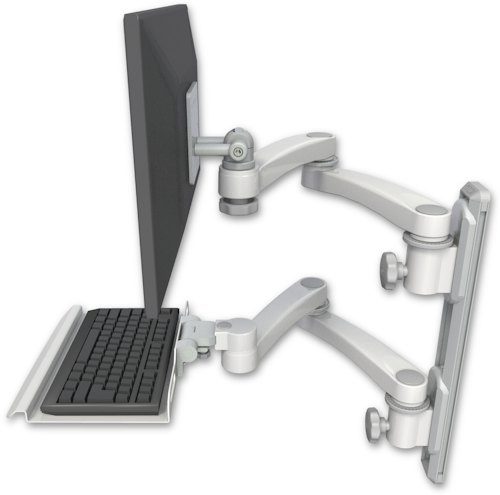 [EV65-T19D-KU12-A4] AccessMount™ ErgoVision 65 LCD mount on a 19" wall track with separate arms, a 12" keyboard tray, and two 20" double-arms