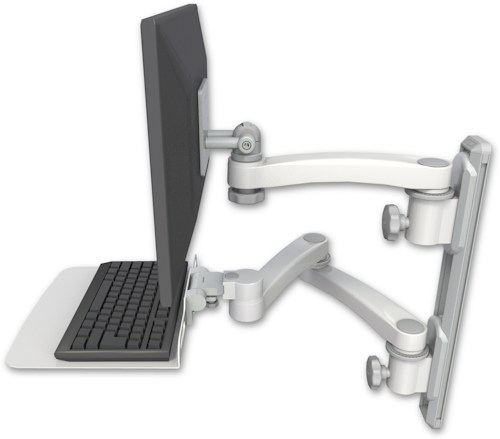 [EV65-T19D-KU12F-A3] AccessMount™ ErgoVision 65 LCD mount on a 19" wall track with separate arms, a 12" flat keyboard tray, and an 11" arm and 20" double-arm