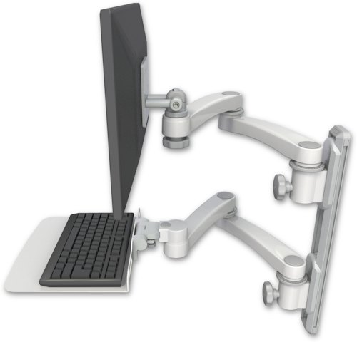 [EV65-T19D-KU12F-A4] AccessMount™ ErgoVision 65 LCD mount on a 19" wall track with separate arms, a 12" flat keyboard tray, and two 20" double-arms