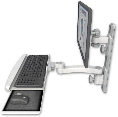 [EV65-T19D-KUB-A1] AccessMount™ ErgoVision 65 LCD mount on a 19" wall track with separate arms, a wrist-rest keyboard tray, and an 11" arm