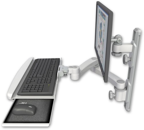 [EV65-T19D-KUB-A2] AccessMount™ ErgoVision 65 LCD mount on a 19" wall track with separate arms, a wrist-rest keyboard tray, and a 20" double-arm