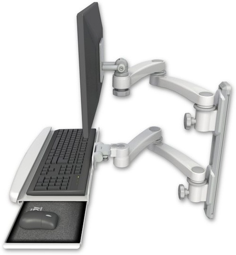 [EV65-T19D-KUB-A4] AccessMount™ ErgoVision 65 LCD mount on a 19" wall track with separate arms, a wrist-rest keyboard tray, and two 20" double-arms