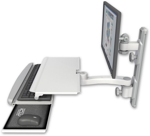 [EV65-T19D-KUS-A1] AccessMount™ ErgoVision 65 LCD mount on a 19" wall track with separate arms, a work surface tray and slide-out keyboard tray, and an 11" arm