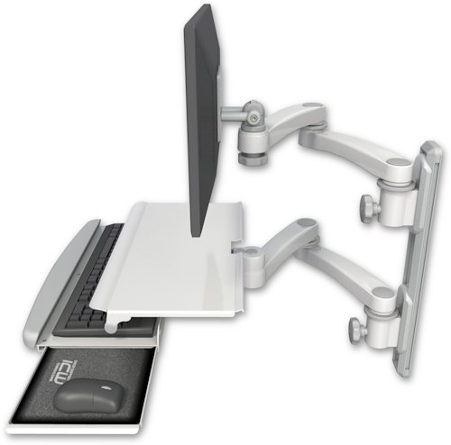 [EV65-T19D-KUS-A4] AccessMount™ ErgoVision 65 LCD mount on a 19" wall track with separate arms, a work surface tray and slide-out keyboard tray, and two 20" double-arms