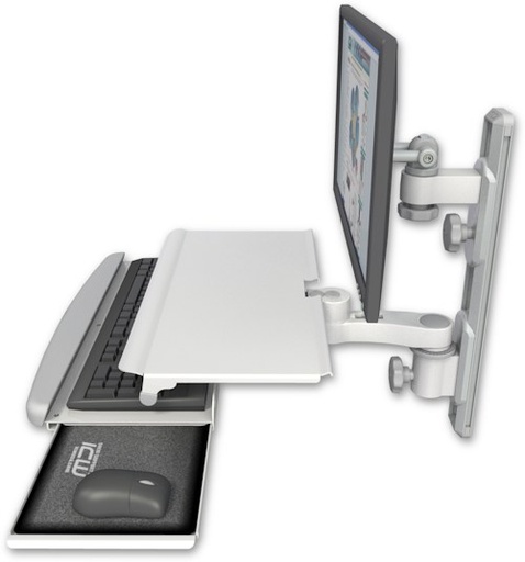 [EV65-T19D-KUS-AS1] AccessMount™ ErgoVision 65 LCD mount on a 19" wall track with separate arms, a work surface tray and slide-out keyboard tray, and an 6" arm