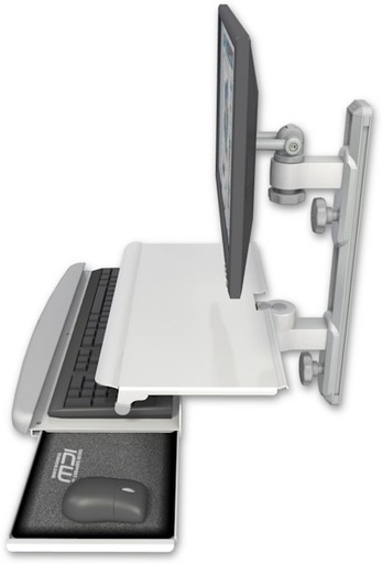 [EV65-T19D-KUS] AccessMount™ ErgoVision 65 LCD mount on a 19" wall track with separate arms and a work surface tray and slide-out keyboard tray