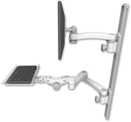 [EV65-T36D-KP12-A3] AccessMount™ ErgoVision 65 LCD mount on a 36" wall track with separate arms, a 12" paralink keyboard tray, and an 11" arm and 20" double-arm
