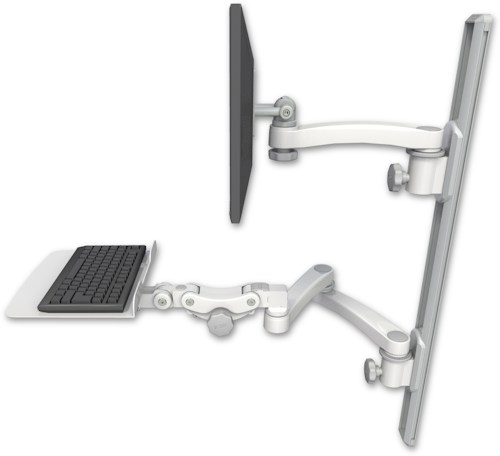 [EV65-T36D-KP12F-A3] AccessMount™ ErgoVision 65 LCD mount on a 36" wall track with separate arms, a 12" flat paralink keyboard tray, and an 11" arm and 20" double-arm