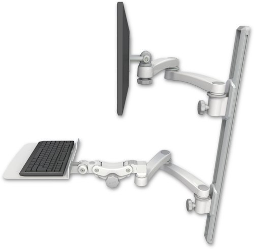 [EV65-T36D-KP12F-A4] AccessMount™ ErgoVision 65 LCD mount on a 36" wall track with separate arms, a 12" flat paralink keyboard tray, and two 20" double-arms