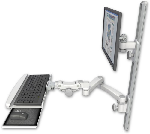 [EV65-T36D-KPB-A2] AccessMount™ ErgoVision 65 LCD mount on a 36" wall track with separate arms, a paralink keyboard tray w/ wrist rest bend, and a 20" double-arm
