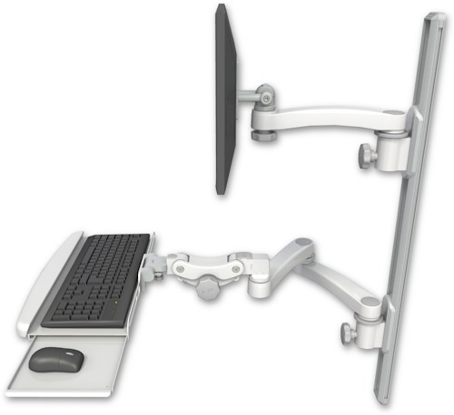 [EV65-T36D-KPB-A3] AccessMount™ ErgoVision 65 LCD mount on a 36" wall track with separate arms, a paralink keyboard tray w/ wrist rest bend, and an 11" arm and 20" double-arm
