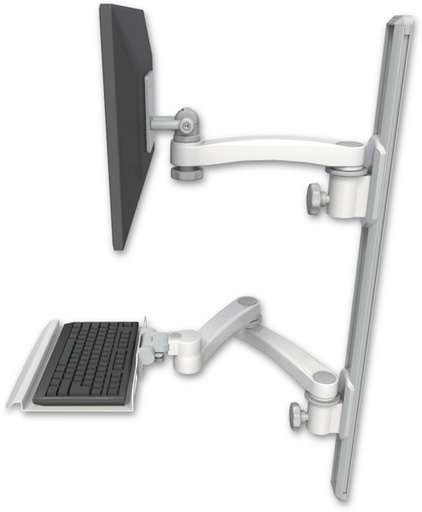 [EV65-T36D-KU12-A3] AccessMount™ ErgoVision 65 LCD mount on a 36" wall track with separate arms, a 12" keyboard tray, and an 11" arm and 20" double-arm