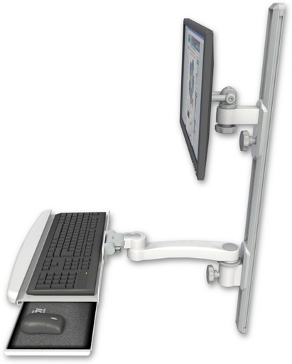 [EV65-T36D-KUB-A1] AccessMount™ ErgoVision 65 LCD mount on a 36" wall track with separate arms, a wrist-rest keyboard tray, and an 11" arm