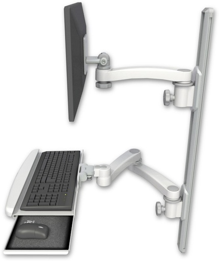 [EV65-T36D-KUB-A3] AccessMount™ ErgoVision 65 LCD mount on a 36" wall track with separate arms, a wrist-rest keyboard tray, and an 11" arm and 20" double-arm