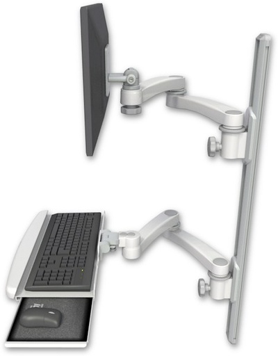 [EV65-T36D-KUB-A4] AccessMount™ ErgoVision 65 LCD mount on a 36" wall track with separate arms, a wrist-rest keyboard tray, and two 20" double-arms