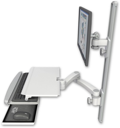 [EV65-T36D-KUS-A2] AccessMount™ ErgoVision 65 LCD mount on a 36" wall track with separate arms, a work surface tray and slide-out keyboard tray, and a 20" double-arm
