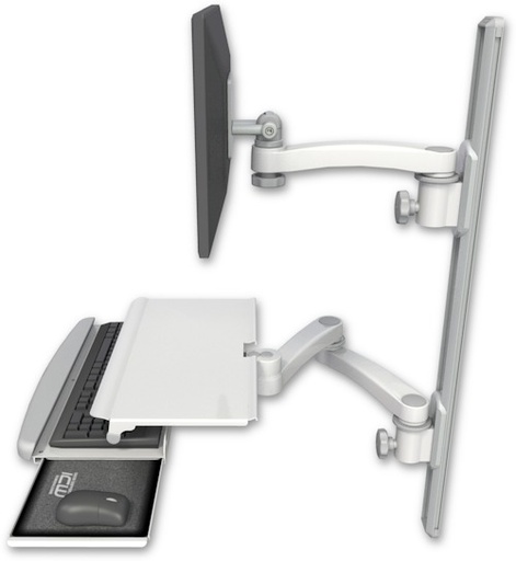 [EV65-T36D-KUS-A3] AccessMount™ ErgoVision 65 LCD mount on a 36" wall track with separate arms, a work surface tray and slide-out keyboard tray, and an 11" arm and 20" double-arm