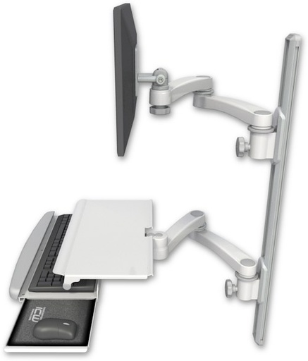 [EV65-T36D-KUS-A4] AccessMount™ ErgoVision 65 LCD mount on a 36" wall track with separate arms, a work surface tray and slide-out keyboard tray, and two 20" double-arms