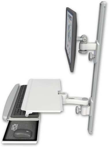 [EV65-T36D-KUS-AS1] AccessMount™ ErgoVision 65 LCD mount on a 36" wall track with separate arms, a work surface tray and slide-out keyboard tray, and an 6" arm