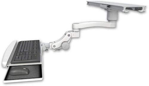 [KPBI-PS28-D1-A1] AccessMount™ Paralink keyboard tray w/ wrist rest bend mount on a ProSlide 28" track slider, a 1" riser, and an 11" arm