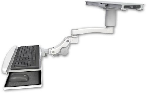 [KPBI-PS28-D3-A1] AccessMount™ Paralink keyboard tray w/ wrist rest bend mount on a ProSlide 28" track slider, a 3" riser, and an 11" arm