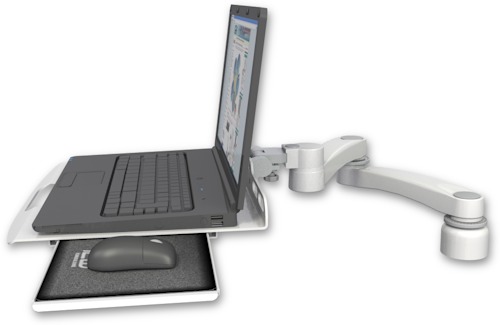 [LUS-D1-A2] AccessMount™ Laptop tray with slider desk mount, a 1" riser, and a 20" double-arm