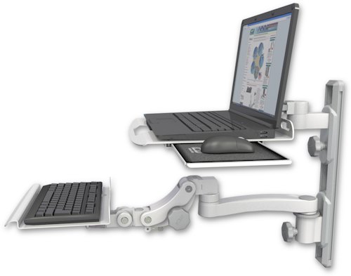 [LUS-T19D-KP12-A1] AccessMount™ Laptop tray with slider mount on a 19" wall track, separate arms, a 12" paralink keyboard tray, and an 11" arm