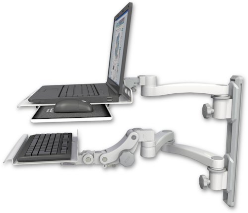 [LUS-T19D-KP12-A3] AccessMount™ Laptop tray with slider mount on a 19" wall track, separate arms, a 12" paralink keyboard tray, and an 11" arm and 20" double-arm