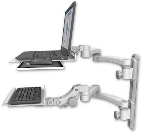 [LUS-T19D-KP12-A4] AccessMount™ Laptop tray with slider mount on a 19" wall track, separate arms, a 12" paralink keyboard tray, and two 20" double-arms