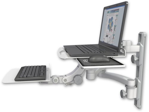 [LUS-T19D-KP12F-A2] AccessMount™ Laptop tray with slider mount on a 19" wall track, separate arms, a 12" flat paralink keyboard tray, and a 20" double-arm