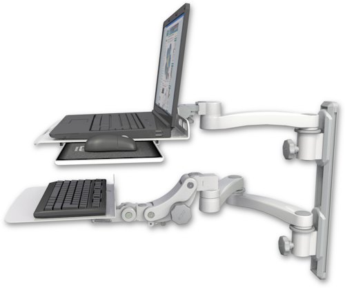 [LUS-T19D-KP12F-A3] AccessMount™ Laptop tray with slider mount on a 19" wall track, separate arms, a 12" flat paralink keyboard tray, and an 11" arm and 20" double-arm