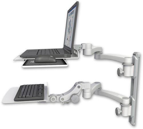 [LUS-T19D-KP12F-A4] AccessMount™ Laptop tray with slider mount on a 19" wall track, separate arms, a 12" flat paralink keyboard tray, and two 20" double-arms